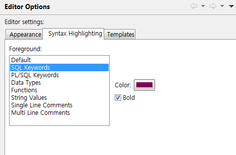 Editor Options - [Syntax Highlighting] 탭