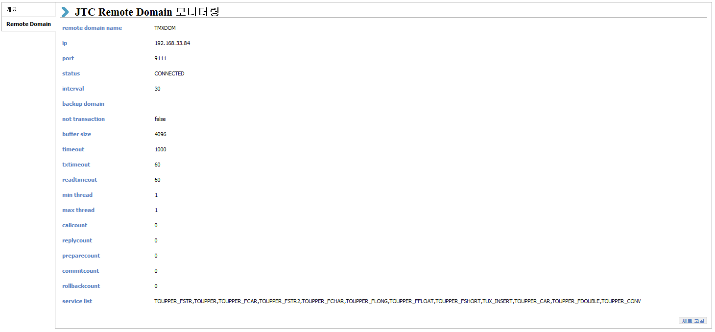 JTC 모니터링 화면 - 리모트 도메인 상세 정보