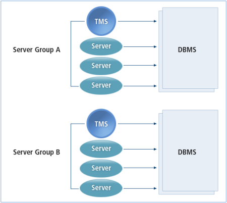 Relationships between TMS, server groups, and databases