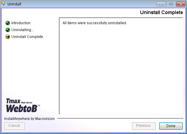 WebtoB Uninstallation - Uninstall Complete Page