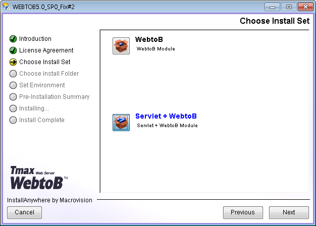 Servlet Engine Installation - Choose Install Set Page