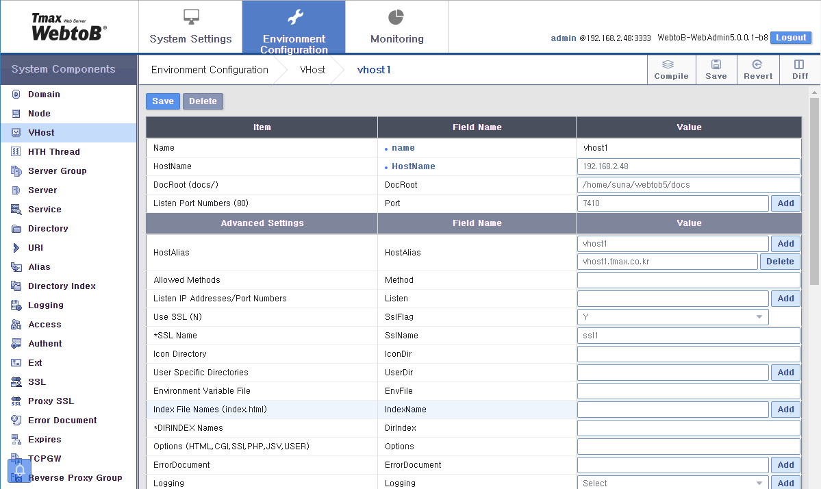 WebAdmin Environment Configuration VHost